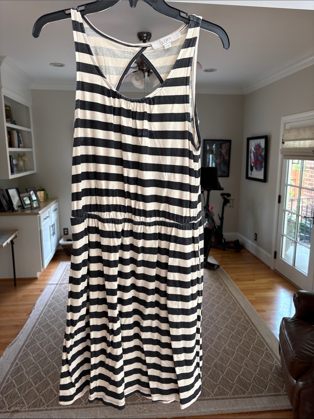 LOFT Black & White Striped Sleeveless Midi Dress